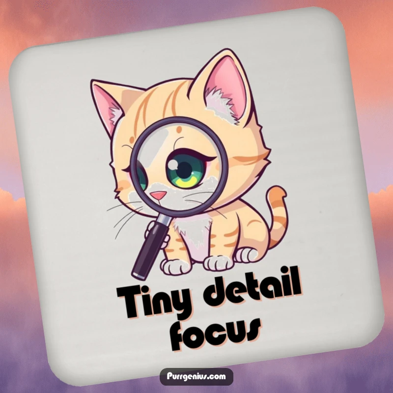 Funny Curious Cat Coaster Set: cats with magnified eyes studying tiny details, protecting surfaces with artistic humor, a charming funny gift.