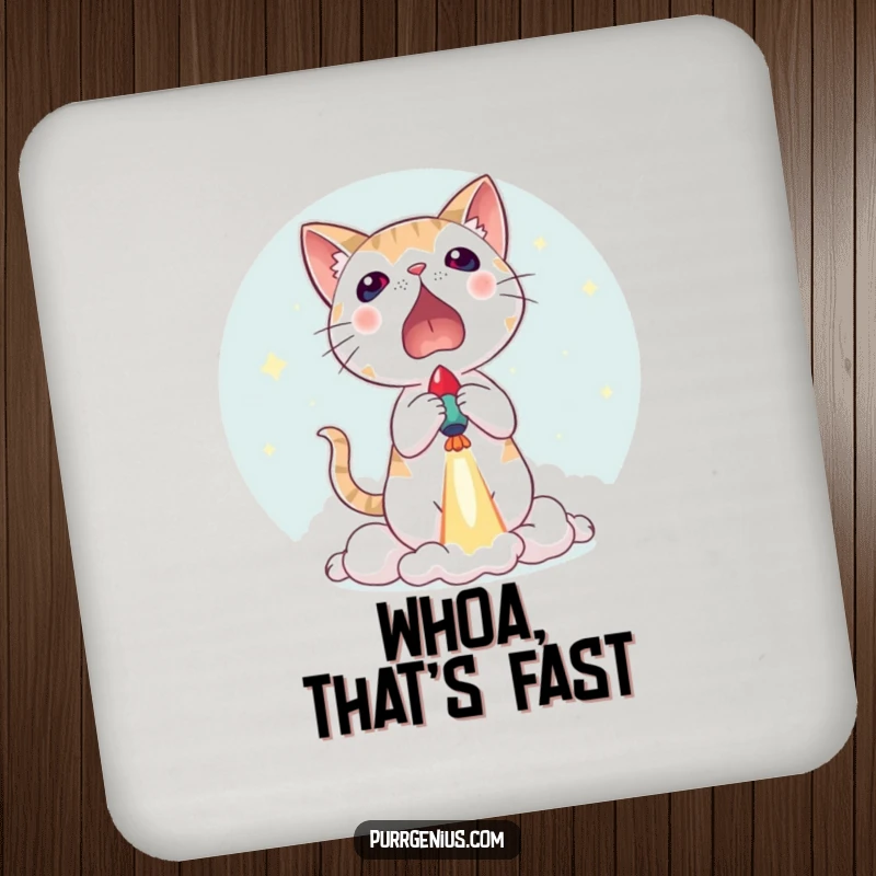 Funny drink coasters with a cat surprised by a tiny rocket launch, protecting surfaces with a humorous and dynamic design.