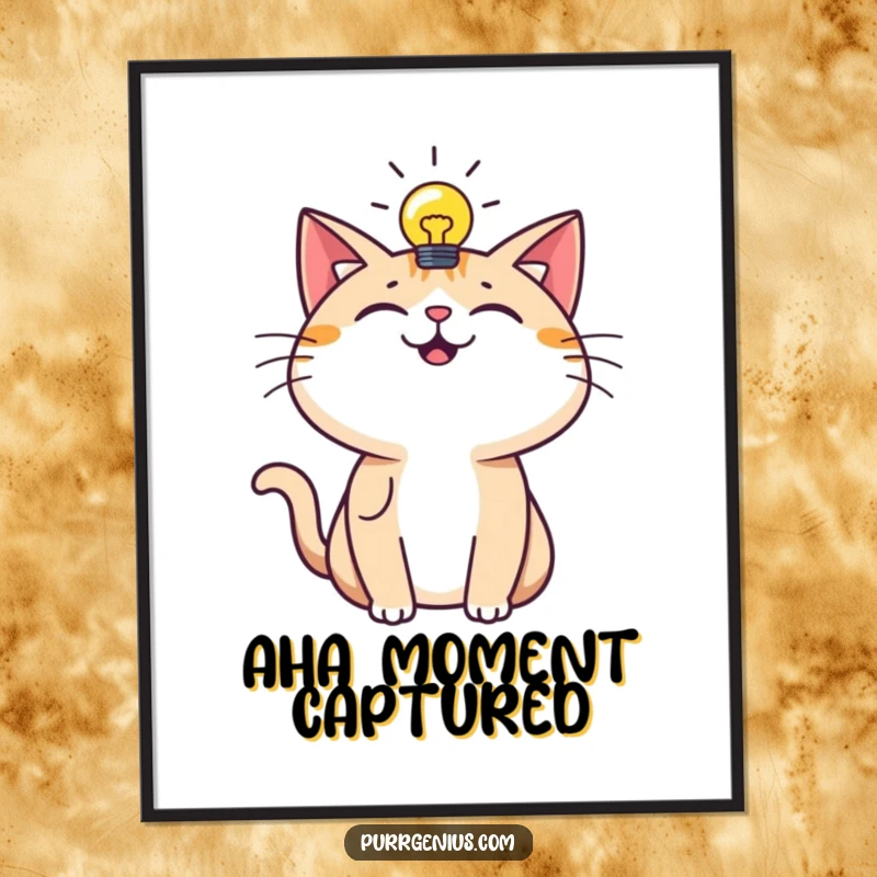 Funny Poster: A happy cat with an illuminated lightbulb above its head signifies a brilliant idea with humorous charm.