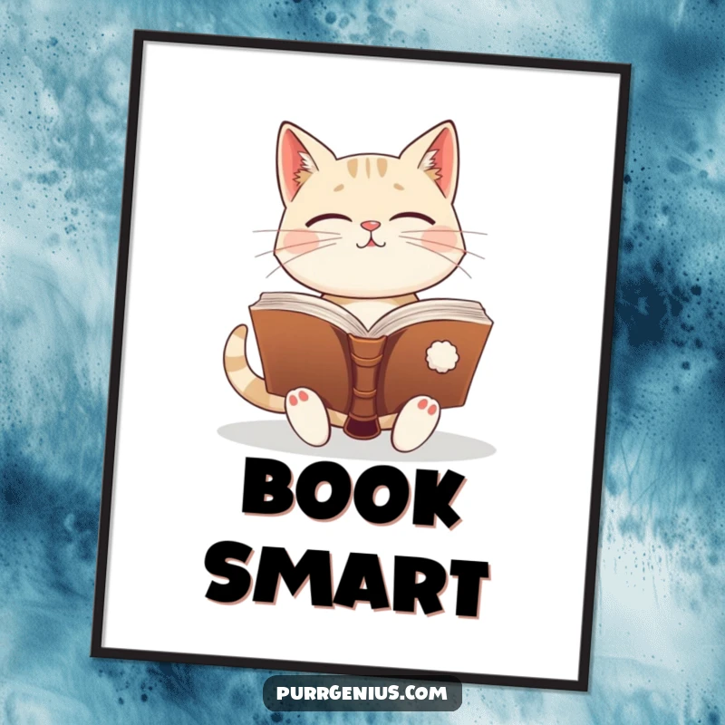 Funny enlightened cat holding an ancient, open book, radiating wisdom. This poster adds intellectual charm.