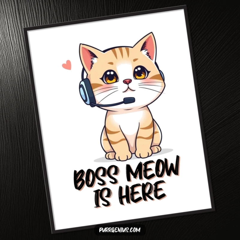 Funny Boss Cat Poster: a cat wearing a headset, confidently meowing instructions, adding authoritative humor to any space, a great funny gift.
