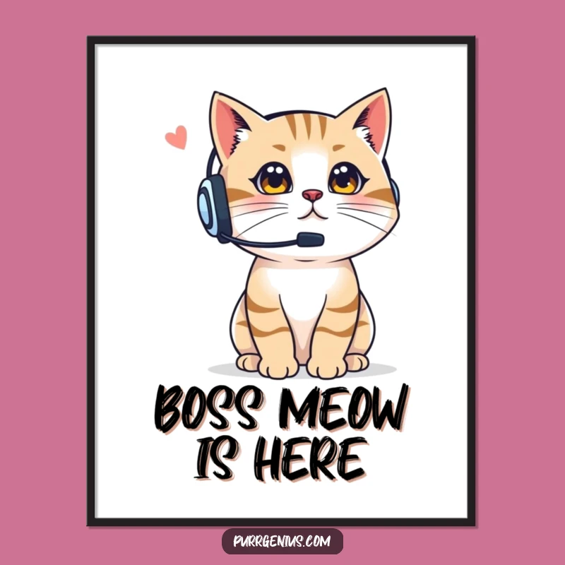 Funny Boss Cat Poster: Headset Directives, Whimsical Decor Gift for Leaders