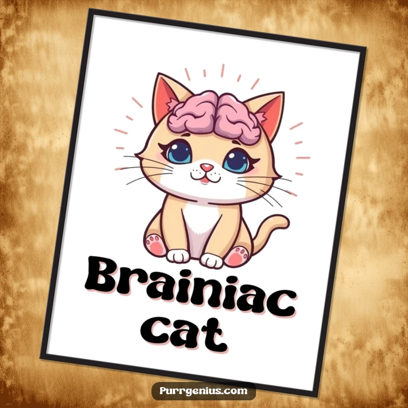 Funny Cat Poster featuring a cat with a luminous, radiant brain, symbolizing funny intellectual prowess and bright ideas.
