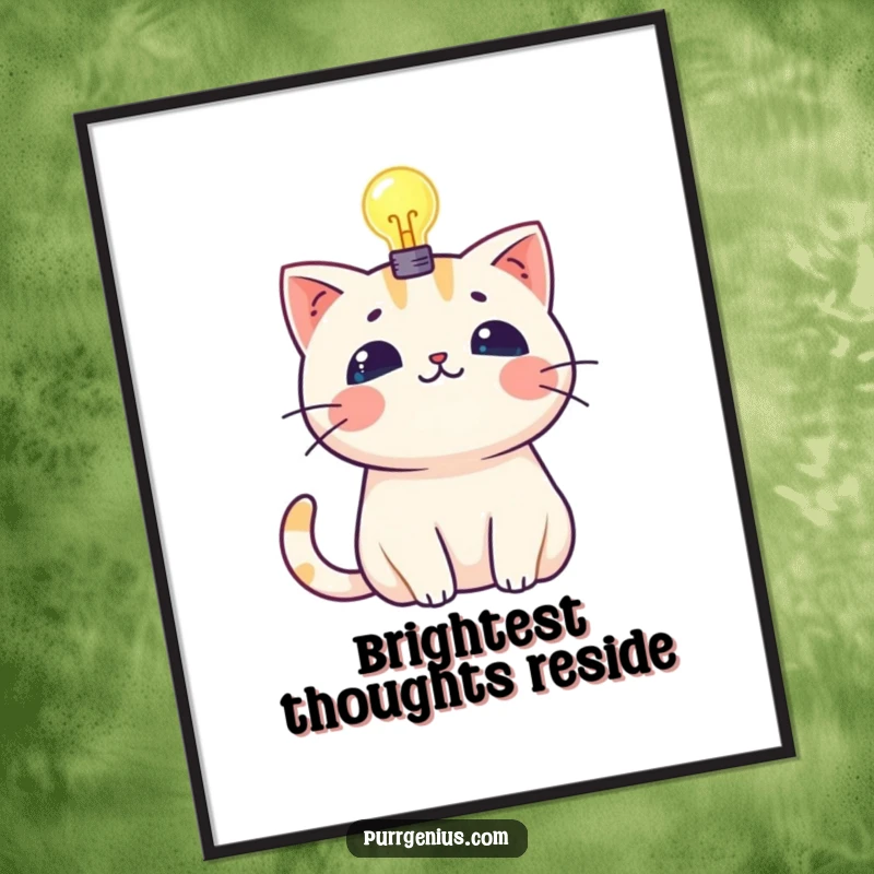 Funny kawaii cat with a glowing lightbulb above its head, creating a humorous and inspiring wall art poster.
