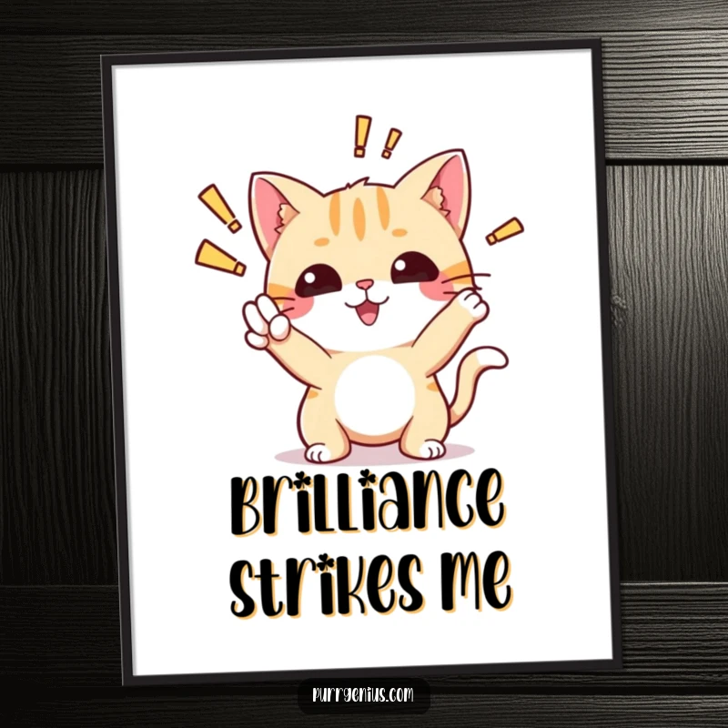 Funny poster art of a cute cat striking a classic 'aha!' pose, conveying excitement and the thrill of a new idea.