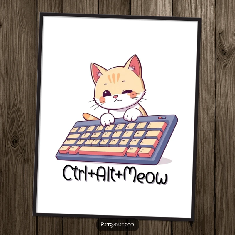 Funny curious cat typing on a huge keyboard, looking inspired. This poster adds a touch of digital humor to any room.