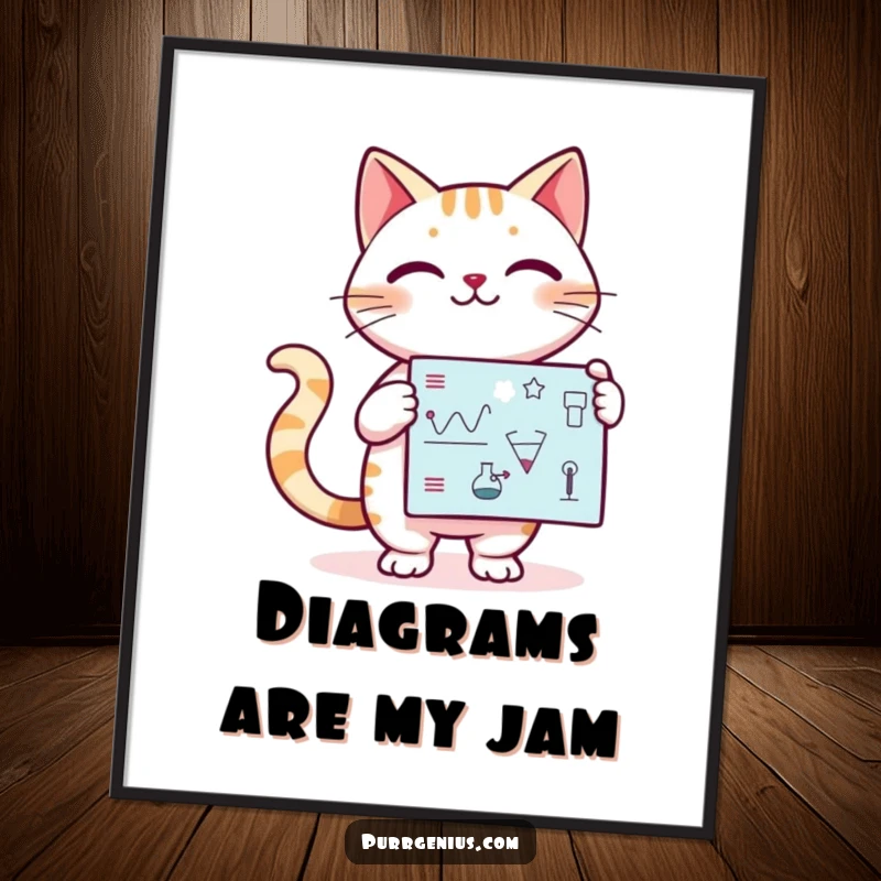 Funny Kawaii cat confidently presenting a scientific diagram, presented as humorous wall art on a poster.