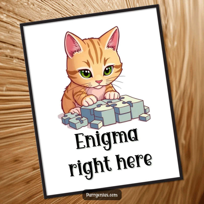 Funny poster of a cat concentrating hard on a difficult puzzle, adding a touch of whimsy and intelligence to wall decor.