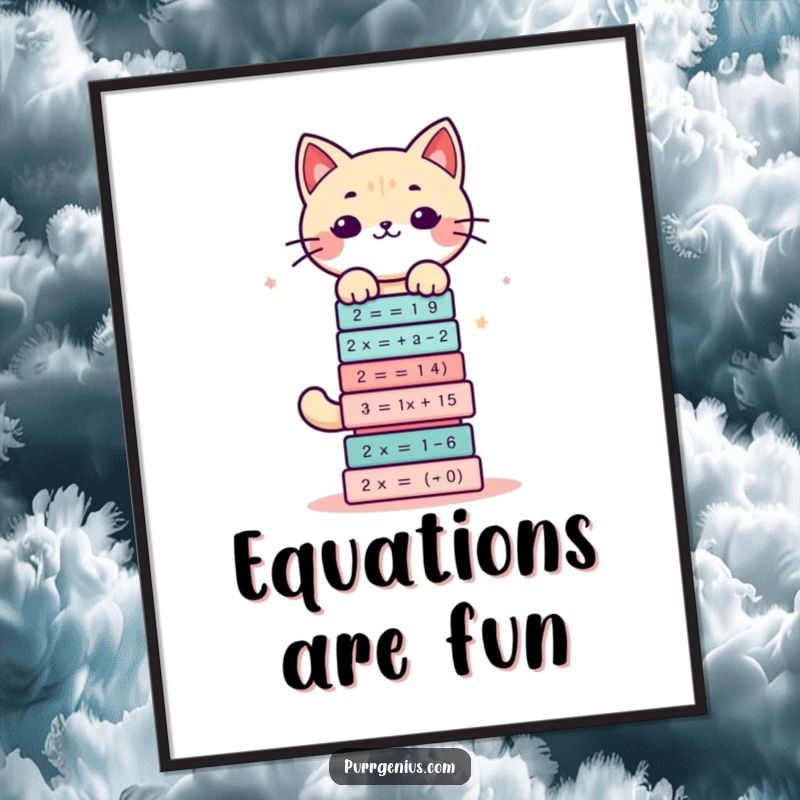 Funny poster featuring a cute kawaii cat character struggling to keep balance on a stack of complex math equations.