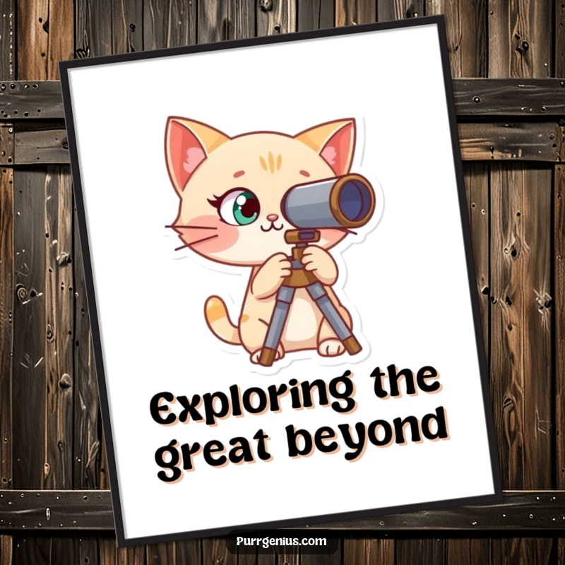 Funny poster art of a curious cat character looking through a telescope, evoking a sense of cosmic wonder.