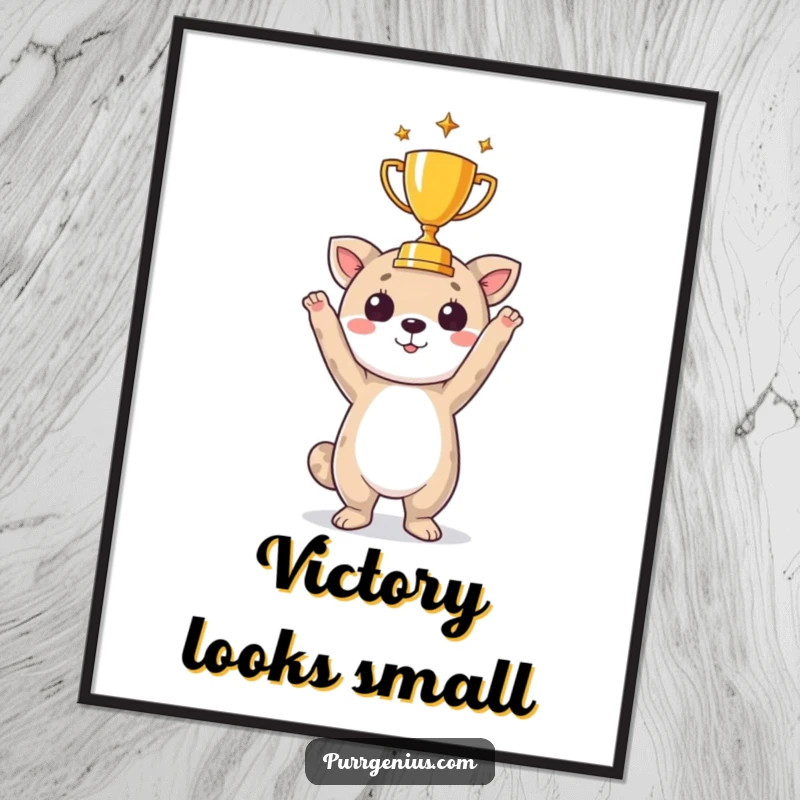 Funny poster art of a happy animal holding a miniature trophy, celebrating achievement with a smile.