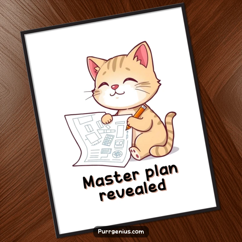 Funny Architect Cat Poster: a cat proudly drawing a detailed blueprint with a tiny pencil, adding artistic and humorous flair to any space, a great funny gift.