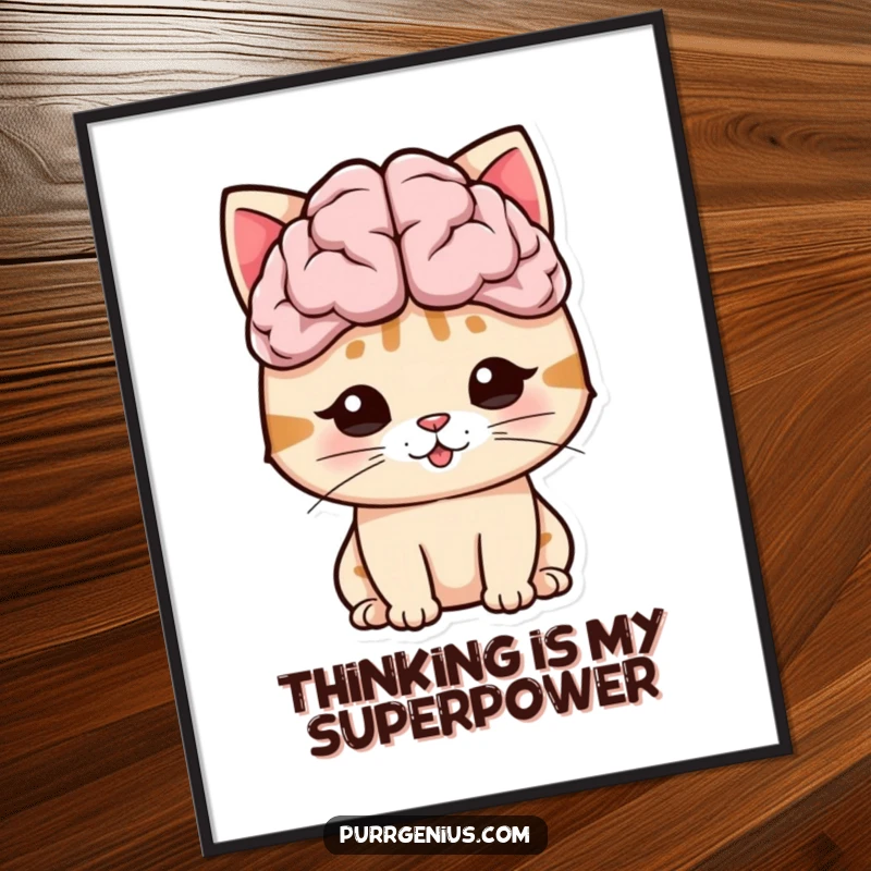 Funny cat with an oversized brain symbol, representing intelligence and humor on this eye-catching poster.