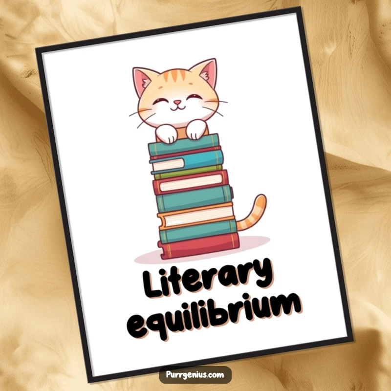 Funny Bookworm Cat Poster: a cat perfectly balancing a stack of books on its head, bringing intellectual humor to any space, a great funny gift.