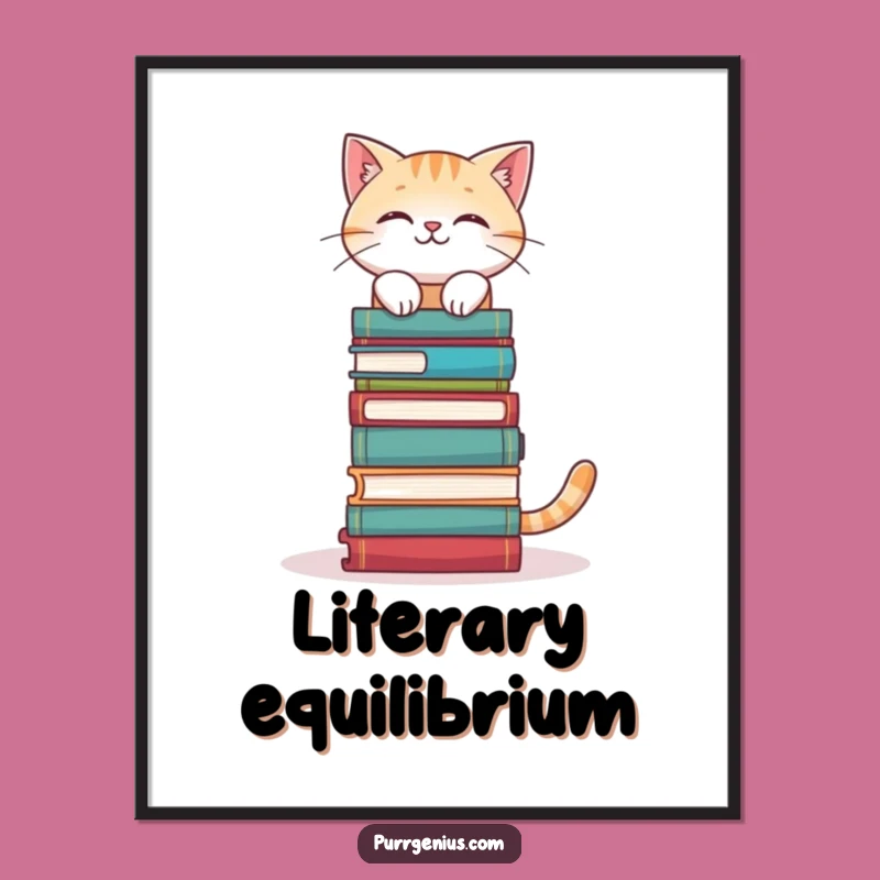 Funny Bookworm Cat Poster: Stacked Wisdom Art, Whimsical Decor Gift