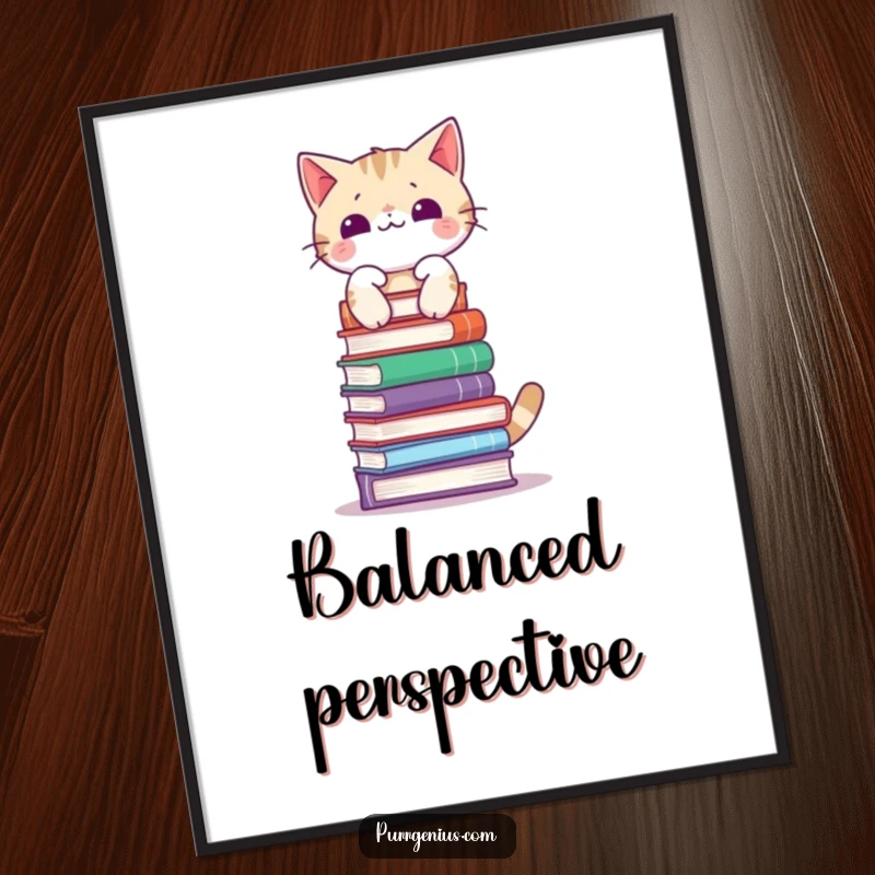 Funny poster print of a cat with incredible equilibrium balancing a tall stack of books on its head, exuding scholarly charm.