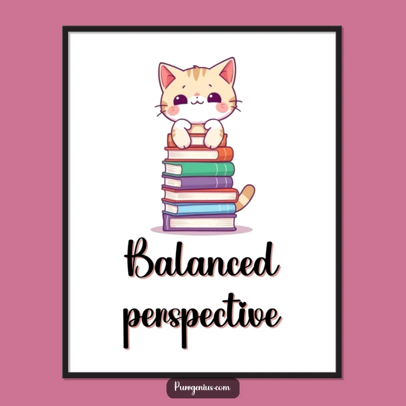Funny Cat Balancing Books Poster - Quirky Wall Art for Book Lovers