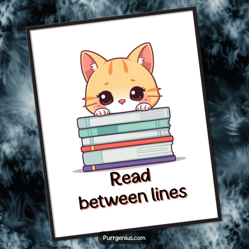 Funny Cat Book Poster: Curious cat peeking from behind a stack of large books, printable art for bookish decor.