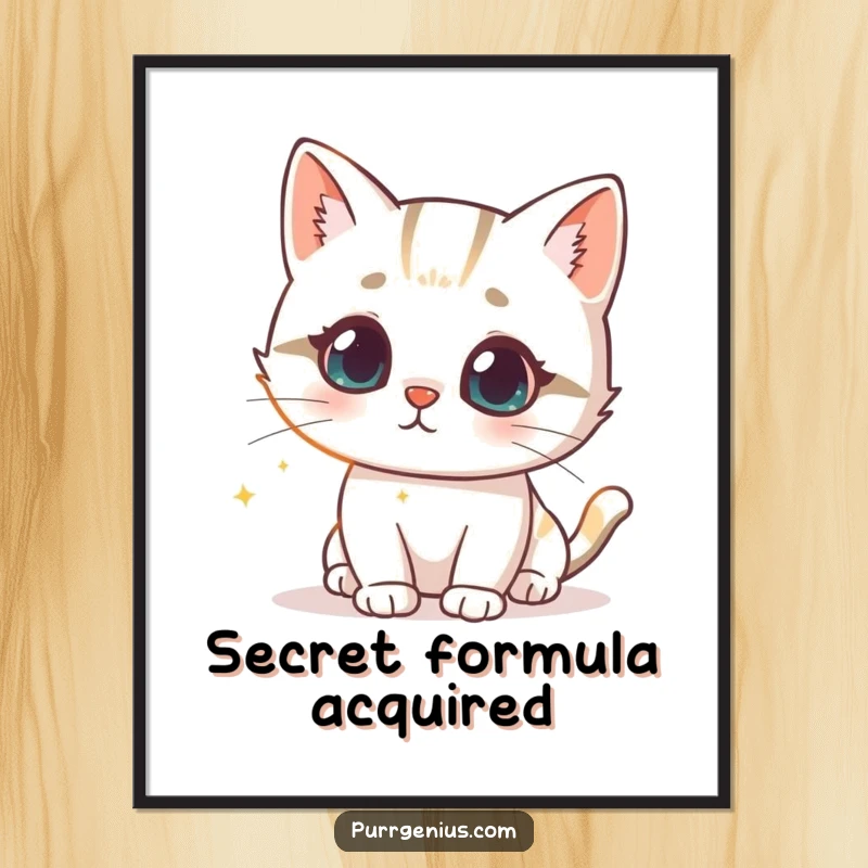 Funny poster art of a cute cat character looking intrigued by a glowing scientific formula, conveying a sense of scientific wonder and curiosity.