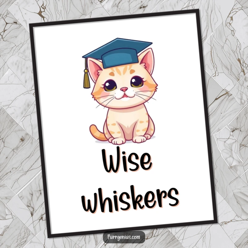 Funny poster depicting a cat adorned with a tiny graduation cap, symbolizing intelligence and educational milestones.