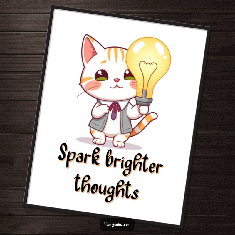 Funny Cat Lightbulb Poster: Scholarly cat proudly showing a giant, glowing lightbulb, printable art for inspiring decor.