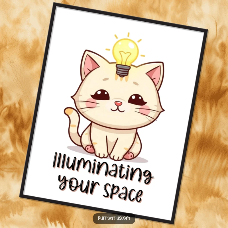 Funny poster art of a cat character with a brightly glowing lightbulb above its head, symbolizing smart ideas.