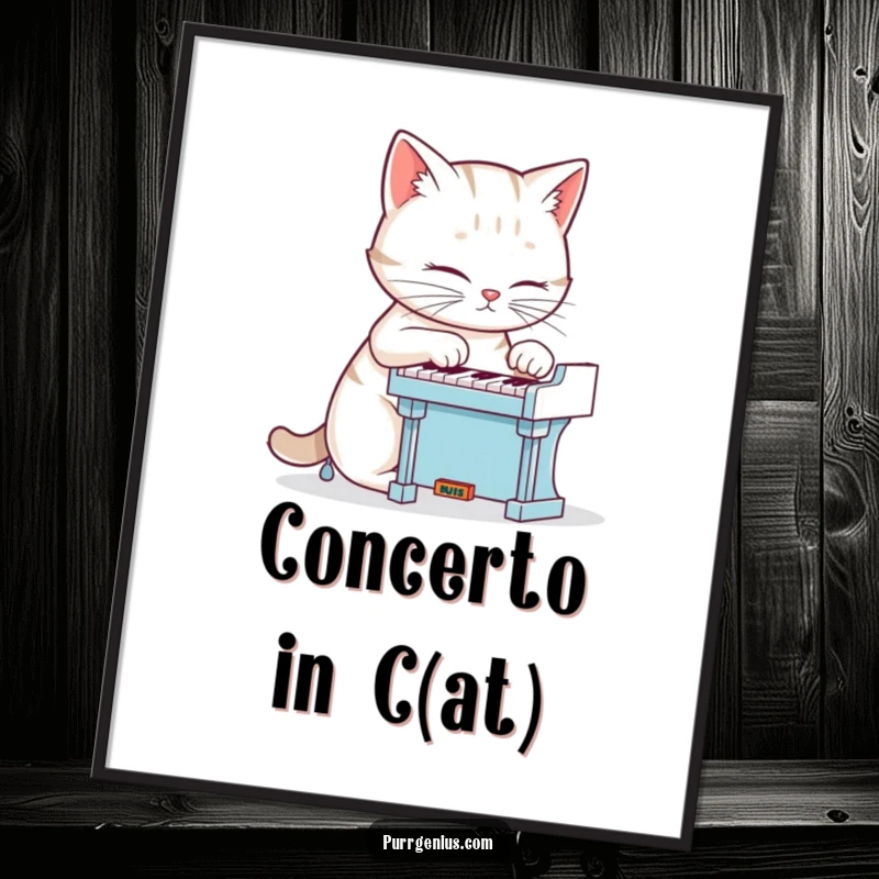 Funny cat playing a tiny piano with dedication, showcased as humorous wall art on this poster, a great gift.