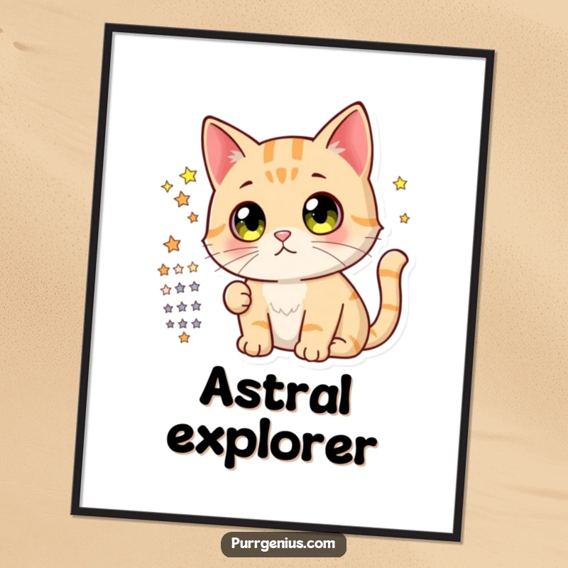 Funny poster of a cute cat with large, inquisitive eyes, intently studying a star chart, evoking wonder and fascination with the cosmos.