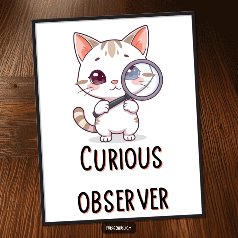 Funny Cat Poster: An artistic print of a clever cat holding a magnifying glass, examining something closely, embodying curiosity and intelligence.
