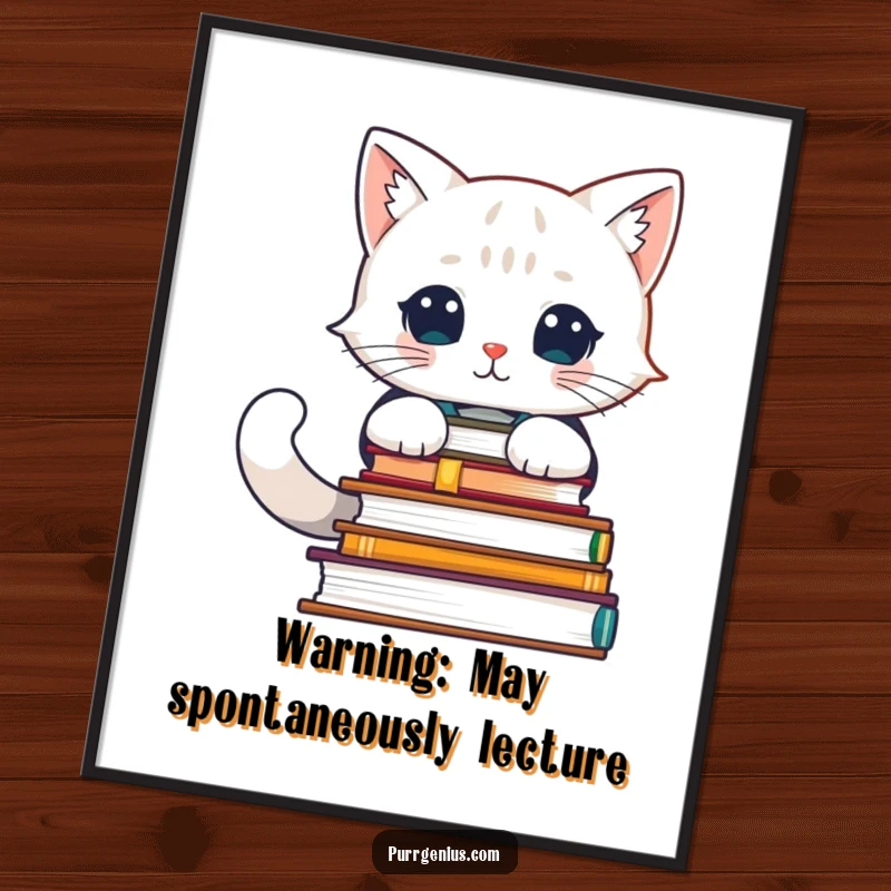 Funny poster art of an intelligent cat character surrounded by a substantial stack of advanced books, embodying academic pursuits.