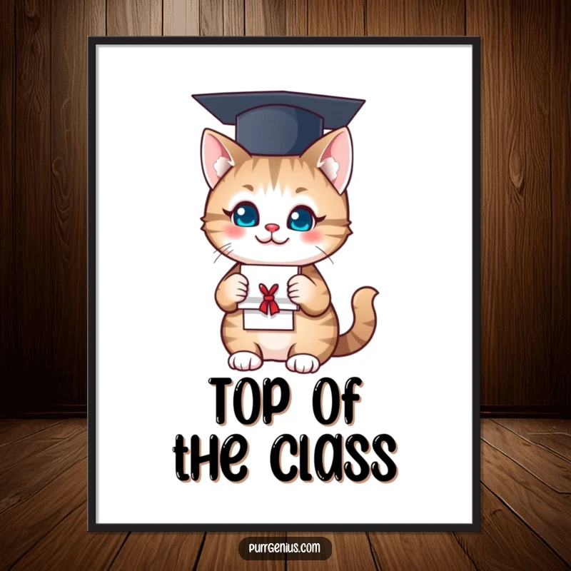 Funny Poster: A cute cat sporting a graduation cap and diploma smiles, offering humorous encouragement for new beginnings.