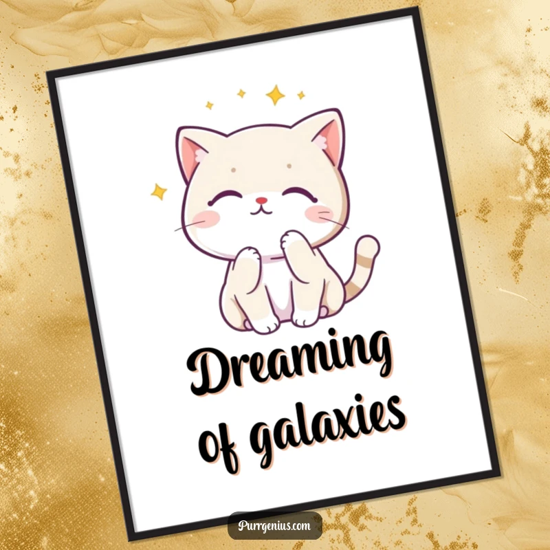 Funny Kawaii cat in a thinking pose looking at a constellation, presented as humorous wall art on a poster.