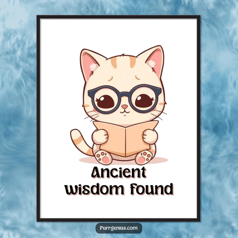 Funny kawaii cat wearing tiny spectacles and reading a scroll, creating a humorous and wise wall art poster.