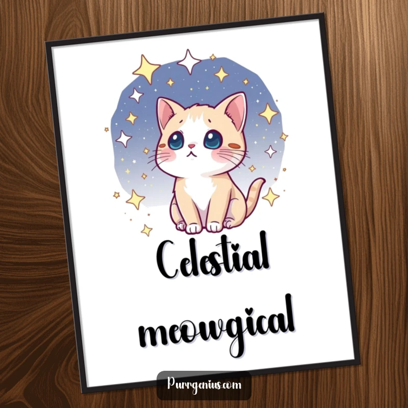 Funny kawaii cosmic cat poster, gazing with wonder at a starry cosmos, inspiring awe and a sense of cosmic connection.