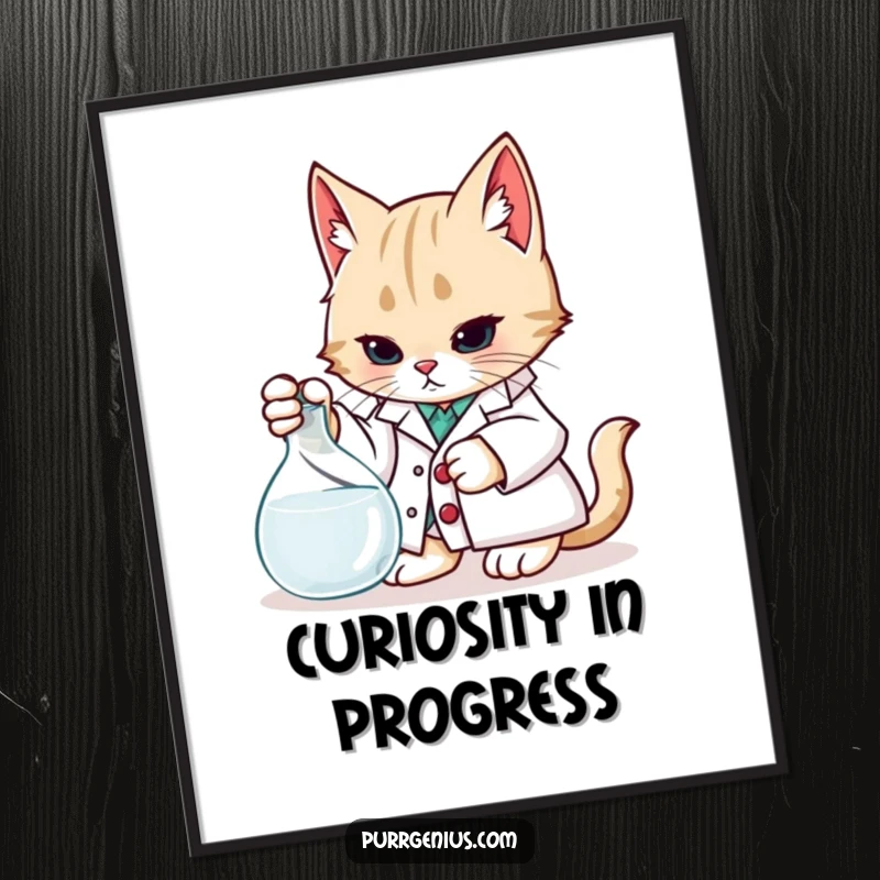 Funny Poster: A cat in a lab coat peers intently into a beaker, capturing the essence of scientific curiosity humorously.