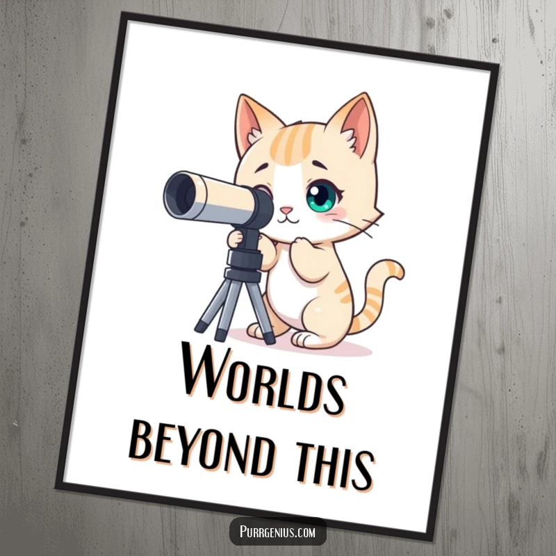 Funny poster art of a curious cat character looking through a telescope at the stars, perfect for space enthusiasts.