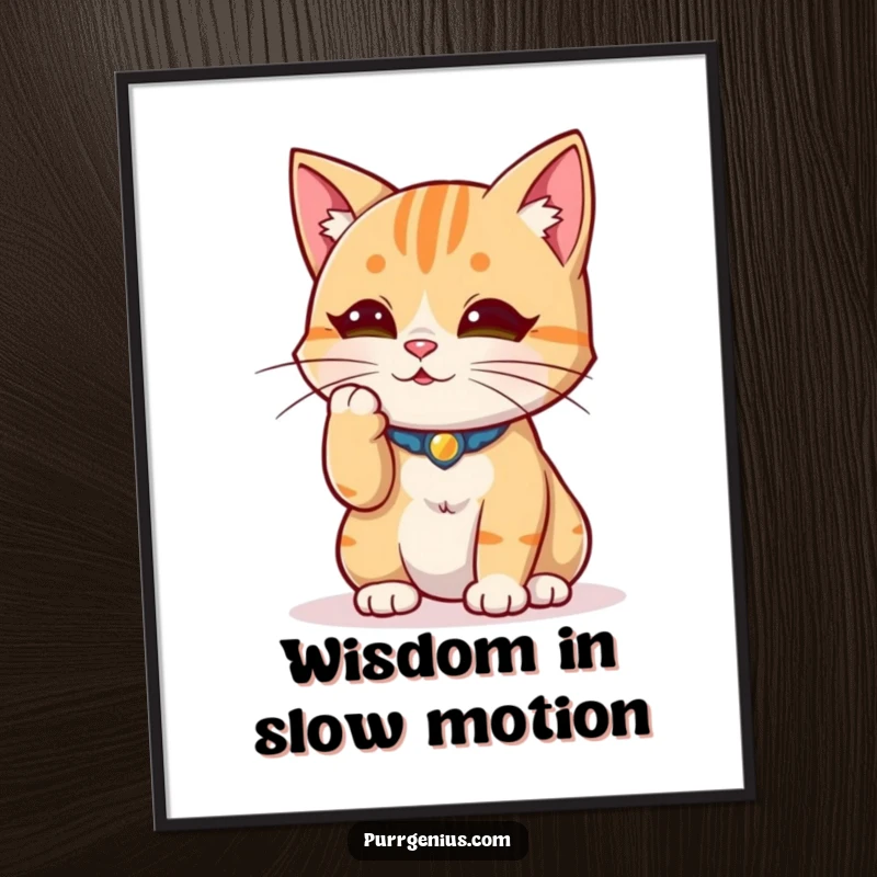 Funny wise cat character stroking a whisker in deep thought, creating calming and humorous wall art on a poster.