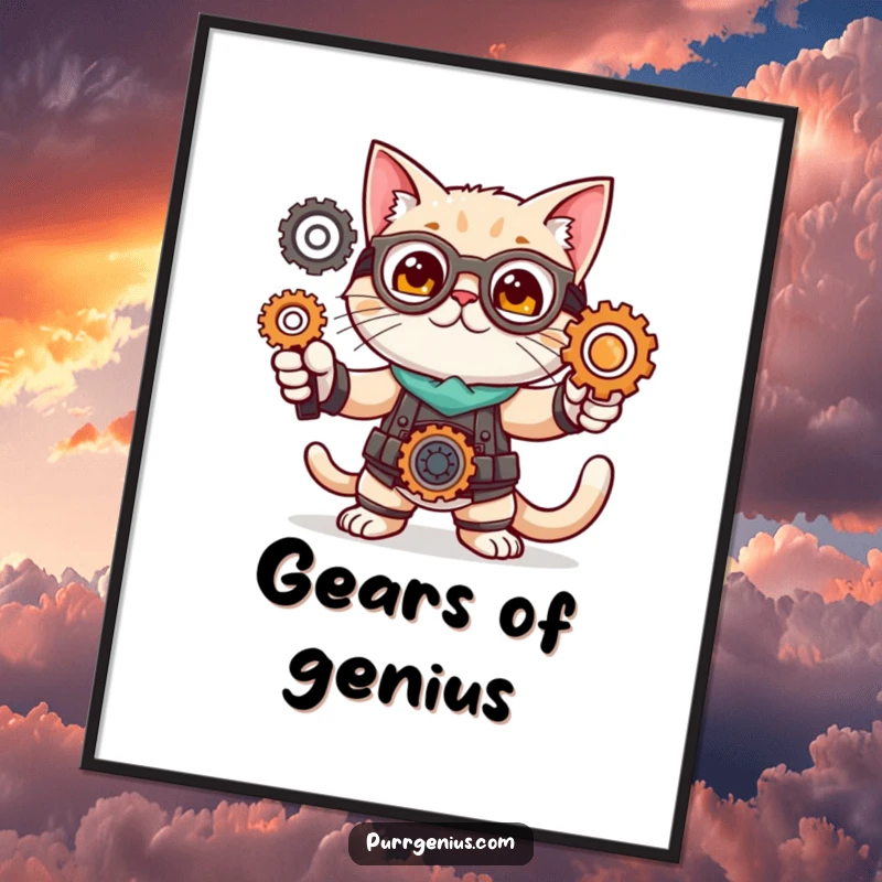 Funny poster art of a cute cat character in a brilliant inventor pose with gears, conveying ingenuity and mechanical creativity.