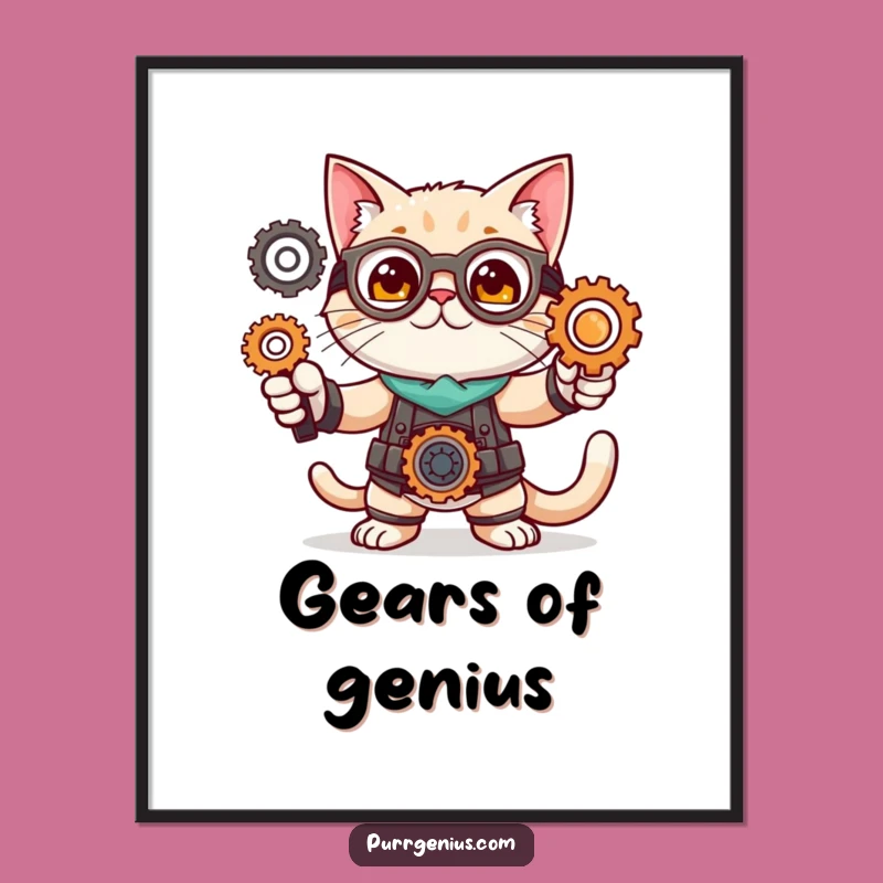 Funny Cat Inventor Poster: Brilliant Feline Gears Art