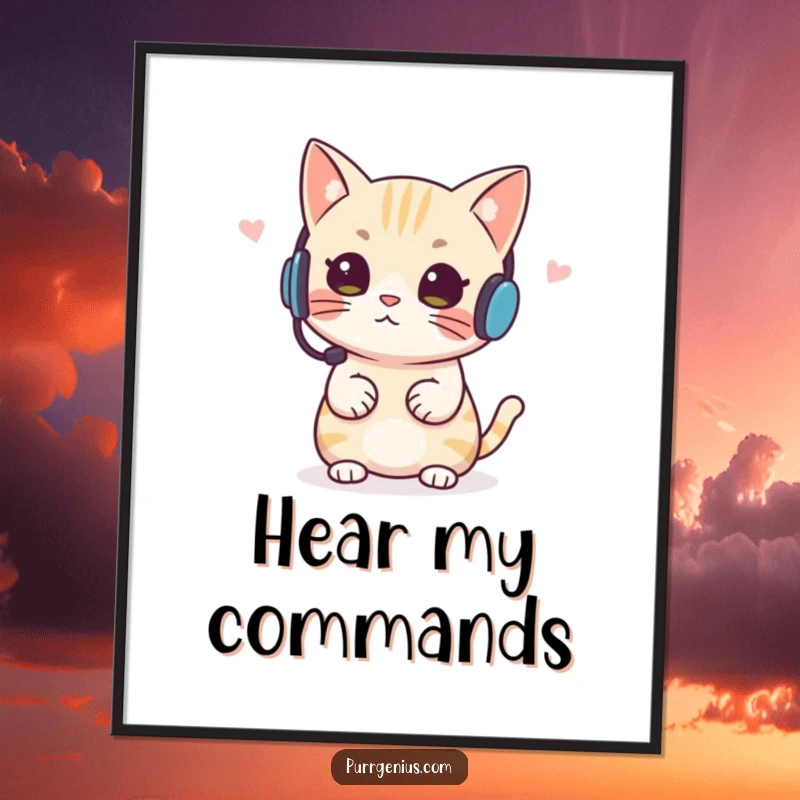 Funny Headset Cat Poster, featuring a cat with a headset giving confident instructions, perfect for a humorous office.
