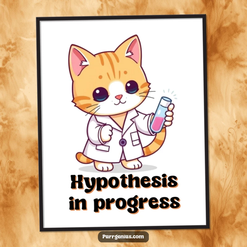 Funny cat scientist in a lab coat with a test tube, making a humorous statement on this eye-catching poster.