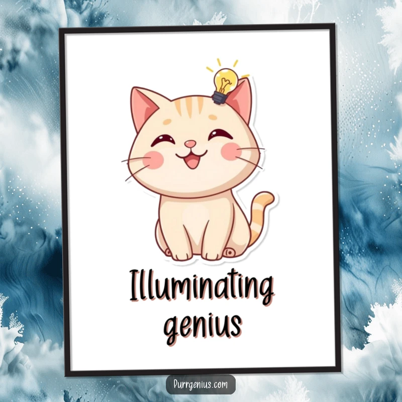Funny Poster: A cheerful cat illuminated by a bright lightbulb, symbolizing inspiration and cleverness, perfect for witty decor.