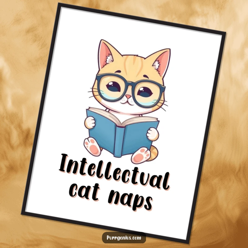 Funny poster of a cat wearing large reading glasses, engrossed in a book, adding artistic and humorous charm to any room.