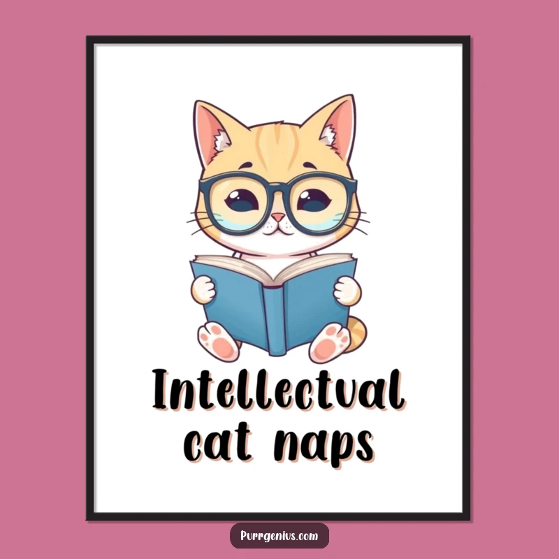 Funny Spectacled Cat Reading Poster: Whimsical Wall Art for Book Nooks