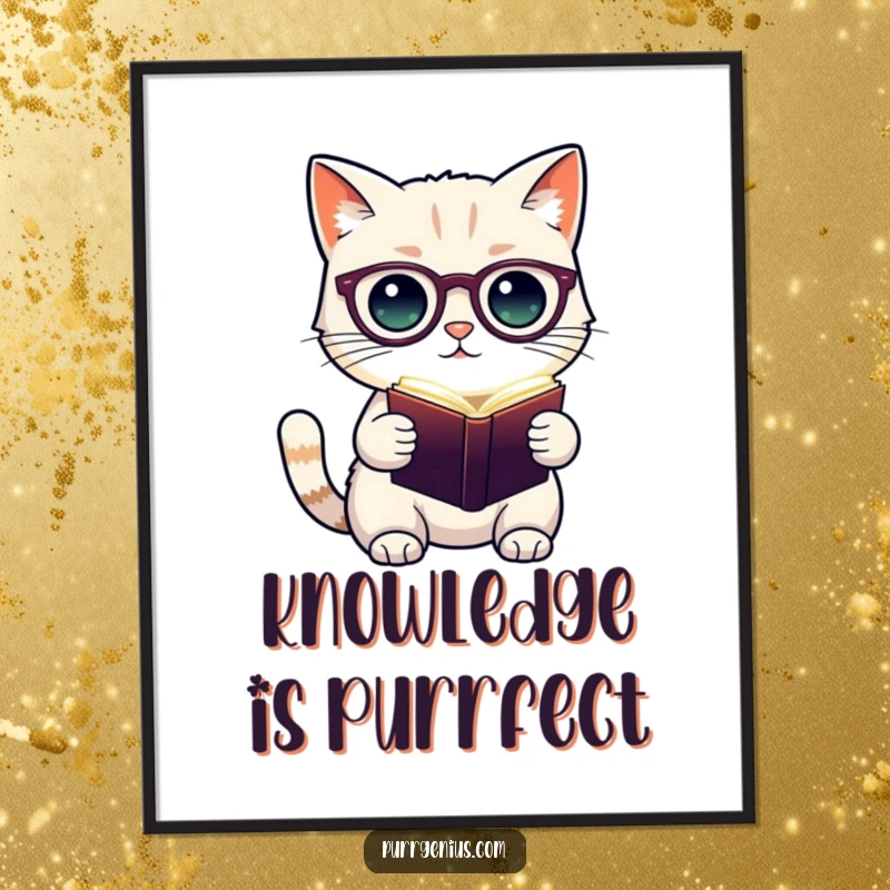 Funny poster art of a cute cat character wearing spectacles, holding a glowing book, conveying a sense of wisdom and literary passion.
