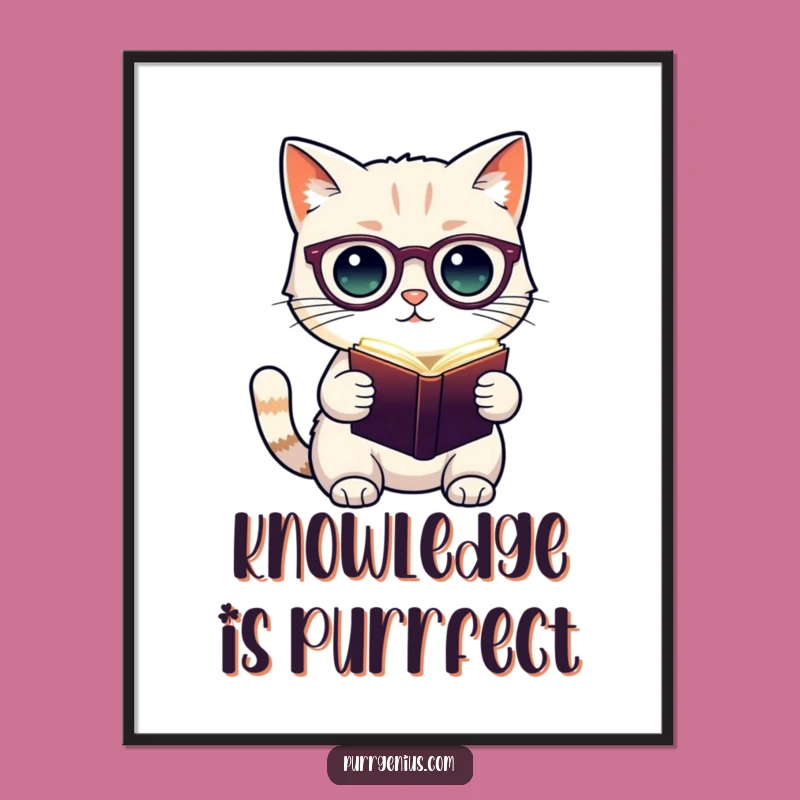 Funny Cat Scholar Poster: Wise Spectacled Feline Reading Glowing Book Art