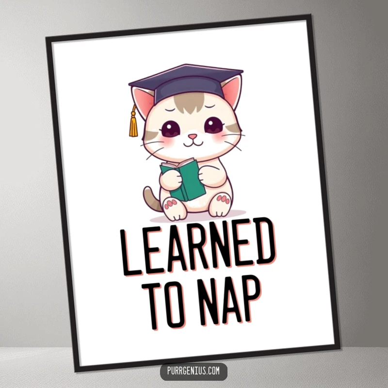 Funny kawaii cat in a graduation cap holding a tiny book, creating a humorous and smart wall art poster.