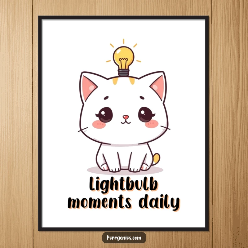 Funny poster art of a cute cat character with a glowing lightbulb above its head, representing intelligence and creative breakthroughs.