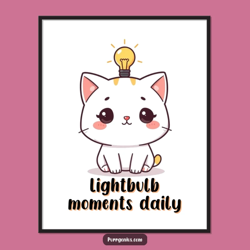 Funny Cat Idea Poster: Lightbulb Feline Genius Wall Art