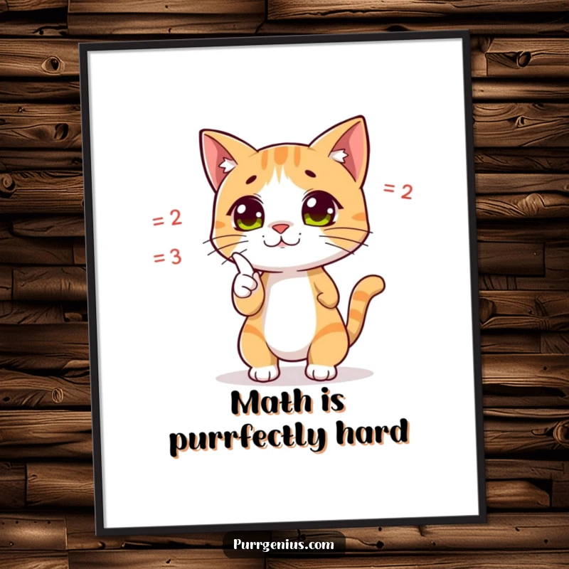 Funny poster art of a cute cat character dramatically pointing at a complex equation, conveying a sense of intellectual focus and mathematical skill.
